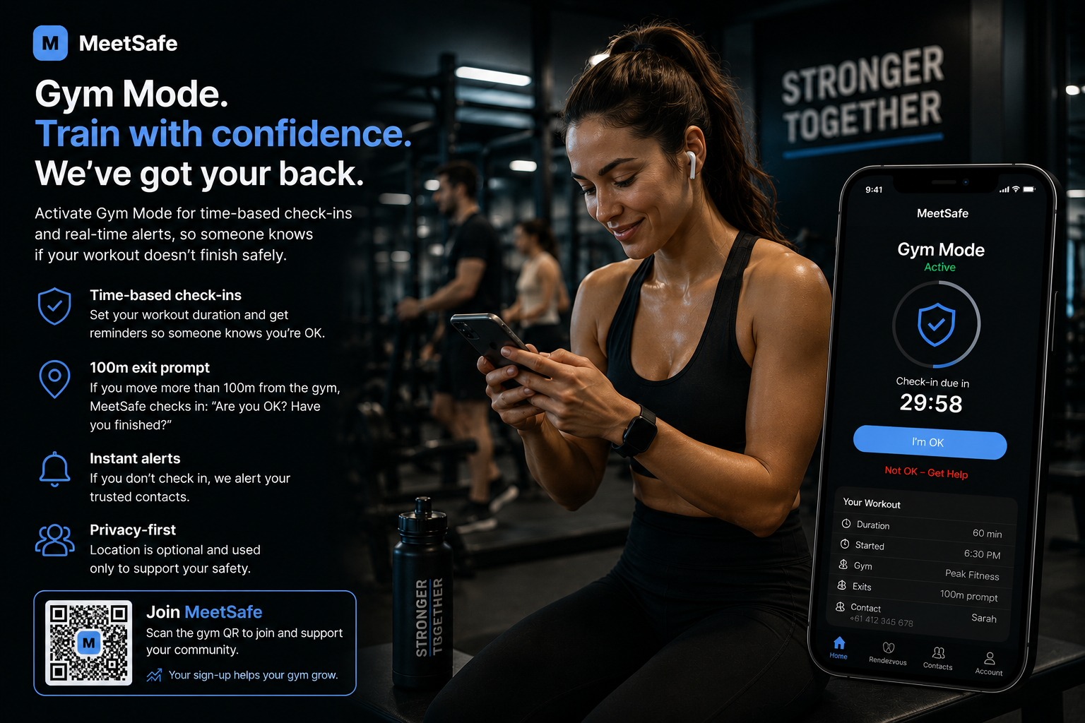 Gym Mode. Train with confidence. MeetSafe visual