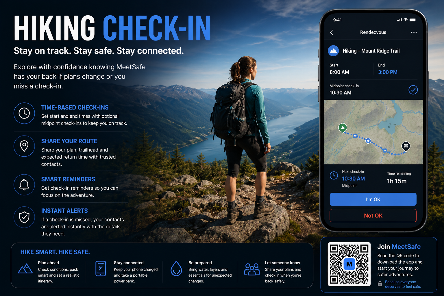 Solo outdoors with a safety net. MeetSafe visual