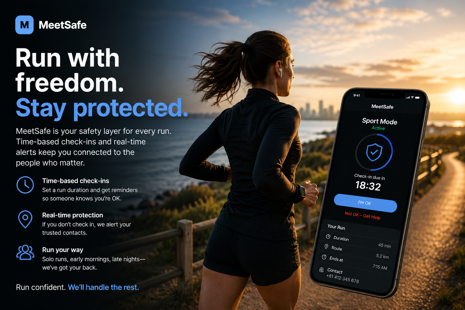 Run with freedom. Stay protected. MeetSafe visual